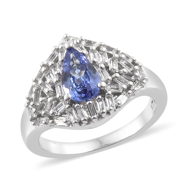 1.50 Ct Tanzanite and White Topaz Cluster Ring in Platinum Plated Sterling Silver