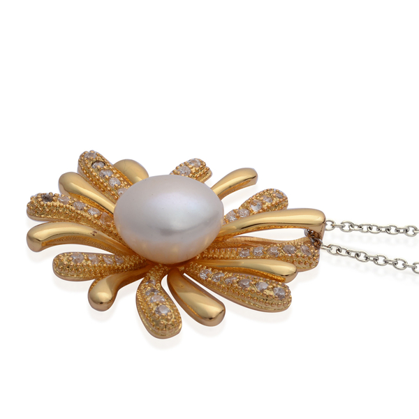 Fresh Water White Pearl and Simulated White Diamond Pendant in Gold Tone with Stainless Steel Chain (Size 20)
