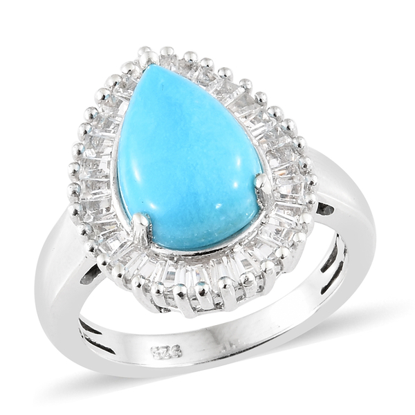 Arizona Sleeping Beauty Turquoise (Pear), White Topaz Ring in Platinum Overlay Sterling Silver 3.500