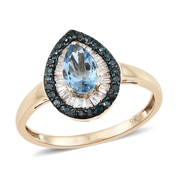 1 Carat AA Santa Maria Aquamarine and Blue and White Diamond Halo Ring in 9K Gold