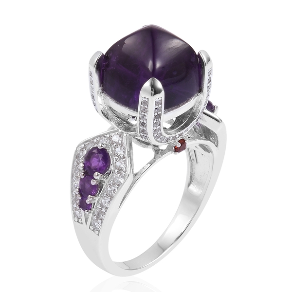 Sugar Loaf Cut Amethyst (Cush 9.50 Ct), Natural White Cambodian Zircon and Mozambique Garnet Ring in Platinum Overlay Sterling Silver 12.040 Ct.