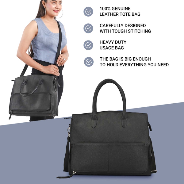Leather Tote Bag with Detachable Shoulder Strap and Zipper Closure (Size 38x31x10Cm) - Black