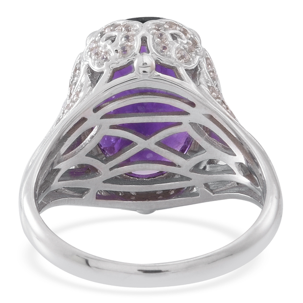 Lusaka Amethyst (Ovl 10.50 Ct), Natural White Cambodian Zircon Ring in Rhodium Plated Sterling Silver 11.000 Ct.