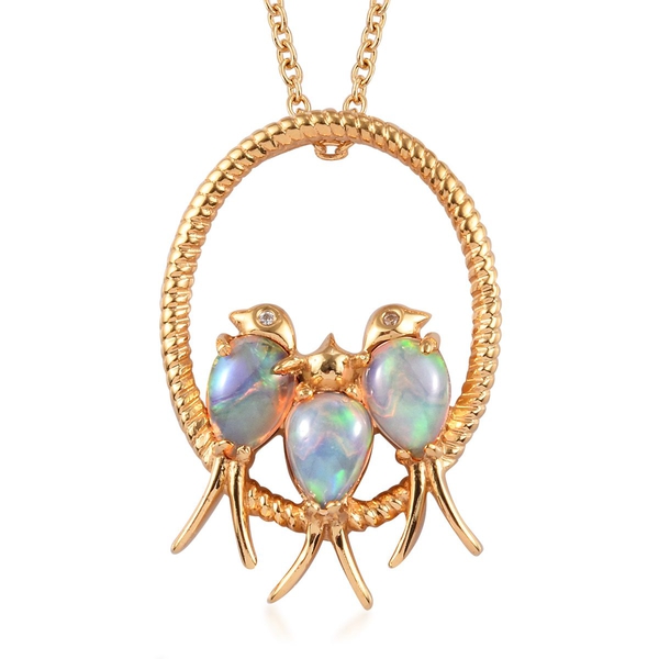 Ethiopian Welo Opal (Pear), Natural Cambodian Zircon Birds and Circle Pendant With Chain in 14K Gold