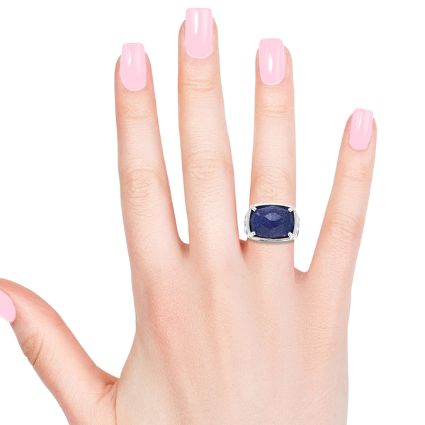 GP Lapis Lazuli (Cush 16x12 mm), Natural Cambodian Zircon and Kanchanaburi Blue Sapphire Ring in Platinum Overlay Sterling Silver 10.000 Ct, Silver wt 8.15 Gms.