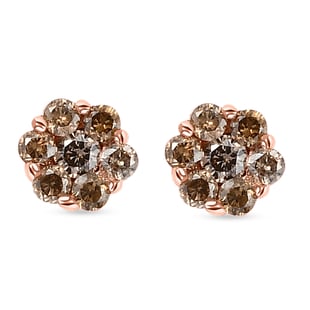 9K Rose Gold SGL CERTIFIED Champagne Diamond (I3) Floral Earrings (With Push Back) 0.25 Ct.