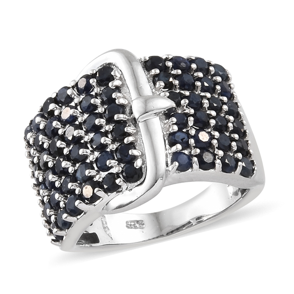 2.75 Ct Kanchanaburi Blue Sapphire Buckle Design Cluster Ring in Platinum Plated Silver 6.61 Grams