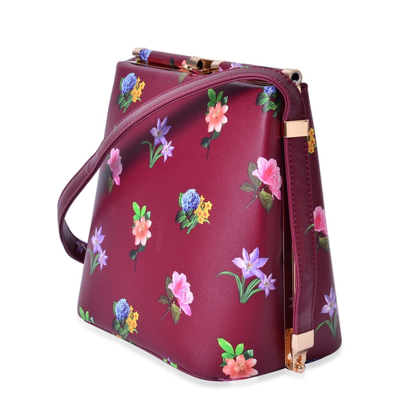 Red and Multi Colour Floral Pattern Clutch Bag with Shoulder Strap (Size 22x21.5x14 Cm)