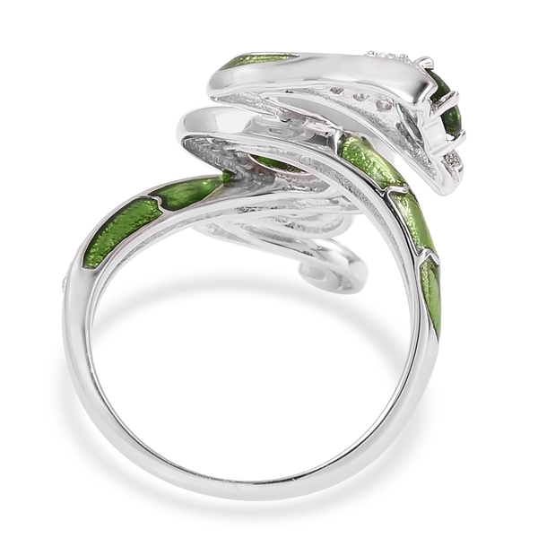Limited Edition - Designer Inspired Chrome Diopside (Rnd), Natural White Cambodian Zircon Snake Ring in Rhodium Plated with Enameld Sterling Silver 1.820 Ct. Silver wt 5.77 Gms.