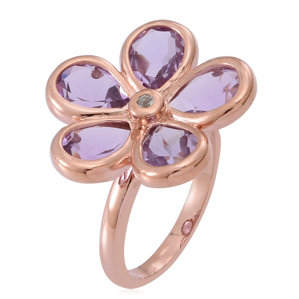Rose De France Amethyst (Pear), Natural Cambodian White Zircon Floral Ring in 14K Rose Gold Overlay Sterling Silver 6.500 Ct.
