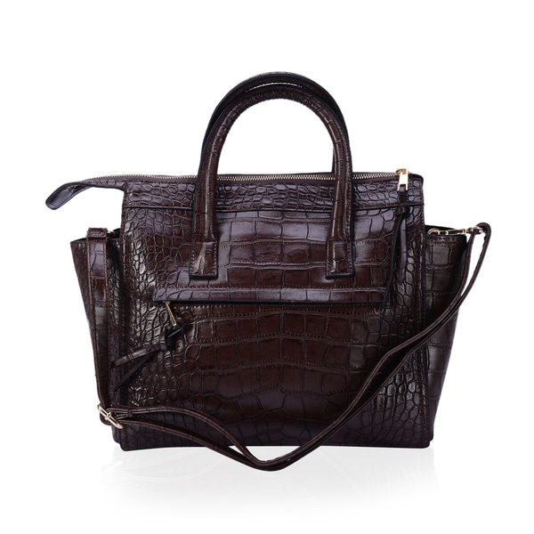 Christine Chocolate Croc Embossed Tote Bag with External Zipper Pocket and Adjustable and Removable 