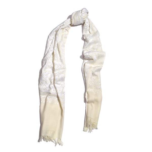 100% Merino Wool White Paisley and Leaves Embroidered Off White Colour Scarf (Size 190x70 Cm)