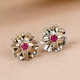 African Ruby (FF) Floral Stud Earrings (with Push back) in Platinum and Yellow Gold Overlay Sterling Silver