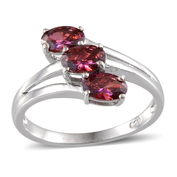 Lustro Stella - Platinum Overlay Sterling Silver (Ovl) Trilogy Ring Made with Red  ZIRCONIA 1.290 Ct