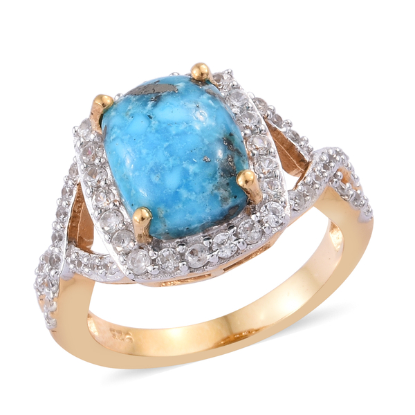 Turquoise (Cush 10x8 mm), Natural Cambodian Zircon Ring in 14K Gold Overlay Sterling Silver 4.000 Ct
