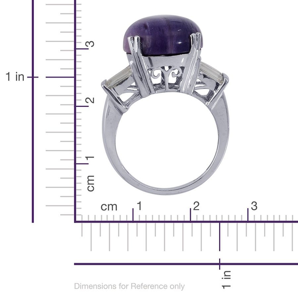 Charoite (Rnd 8.50 Ct), White Topaz Ring in Platinum Overlay Sterling Silver 10.000 Ct. Silver wt. 4.40 Gms.