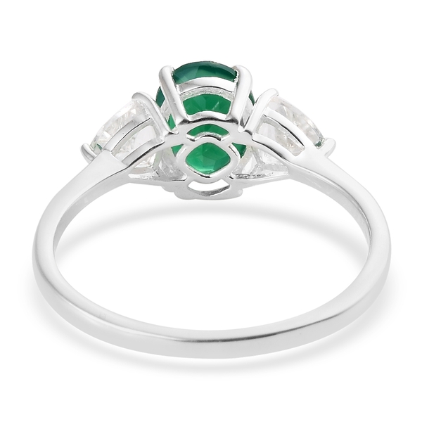 One Time Deal- Verde Onyx (Ovl 9X7 mm), White Topaz Trilogy Stone Ring in Sterling Silver 2.750 Ct.