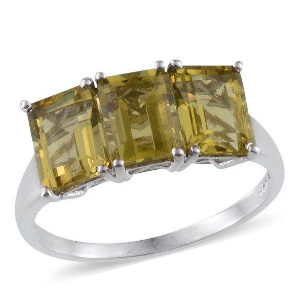 Brazilian Green Gold Quartz (Oct) Trilogy Ring in Platinum Overlay Sterling Silver 4.500 Ct.