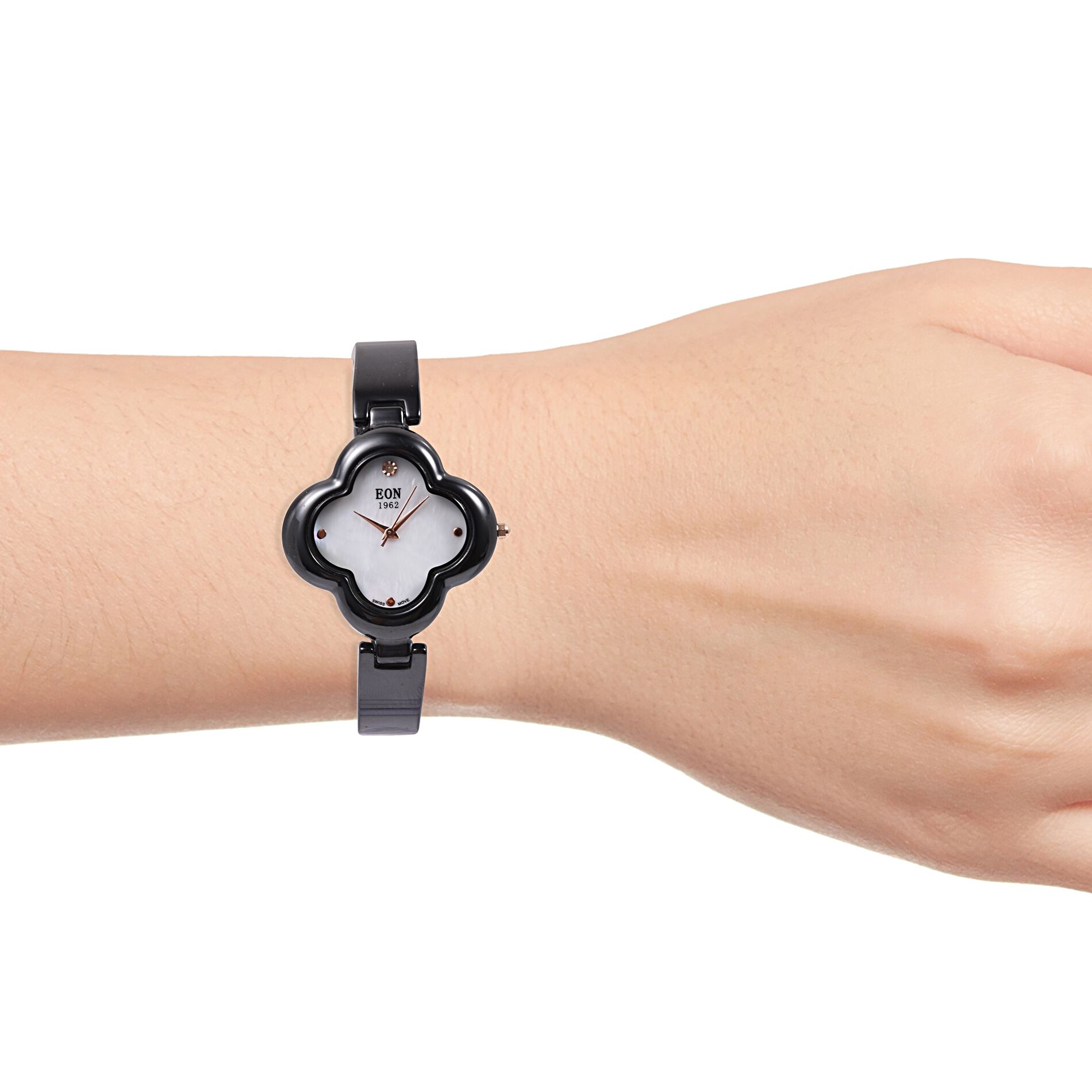 EON 1962 Diamond Swiss Movement Clover Black HighTech Ceramic Watch -30 Mts Water Resistance