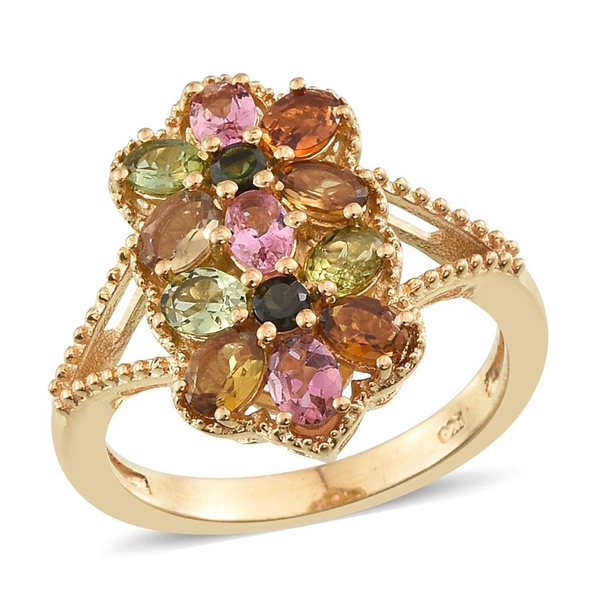 Rainbow Tourmaline (Ovl) Twin Floral Ring in 14K Gold Overlay Sterling Silver 2.000 Ct.