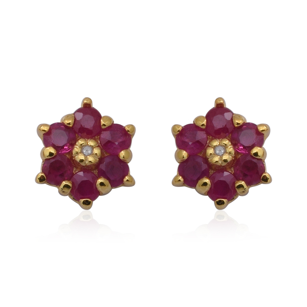 Ruby and Diamond Floral Stud Earrings in Yellow Gold Overlay Sterling Silver 1.00 Ct.
