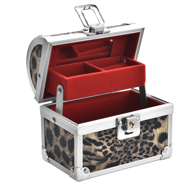 2 Layer Leopard Pattern Aluminium Jewellery Organiser with Handle, Lock and Inside Mirror (Size 12x10x7.5 Cm) - Black & Light Brown