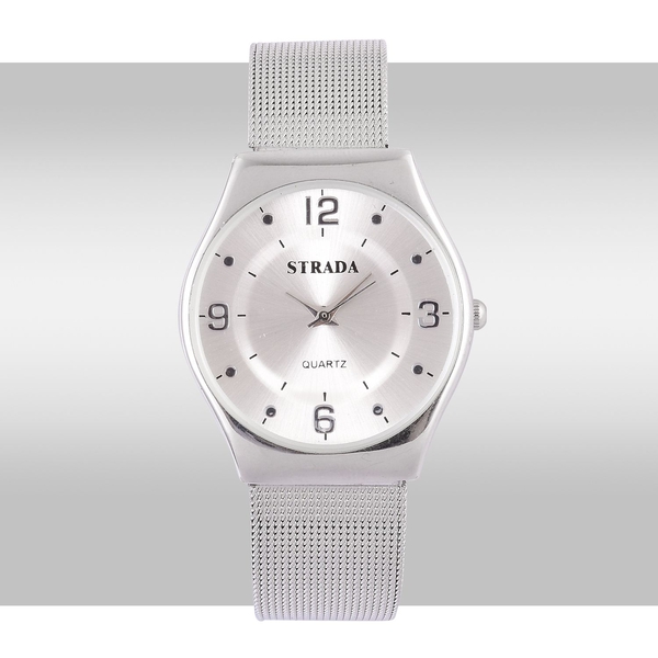 STRADA Japanese Movement White Dial Water Resistant Slim Watch in Silver Tone with Stainless Steel Back and Chain Strap