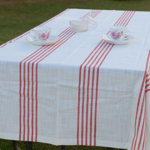 100% Cotton Rust Red Colour Stripe Pattern White Colour Table Cover (Size 260x180 Cm)