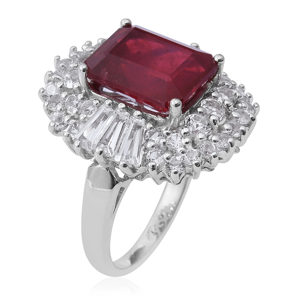 African Ruby (Oct 9.00 Ct), White Topaz Ring in Rhodium Plated Sterling Silver 12.500 Ct., Silver wt 6.75 Gms.