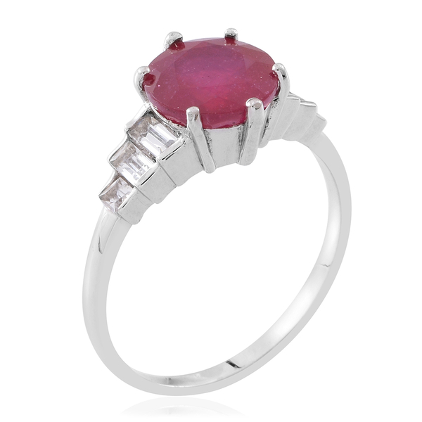 Designer Inspired- African Ruby (Rnd 4.15 Ct), Natural White Cambodian Zircon Ring in Rhodium Plated Sterling Silver 5.500 Ct