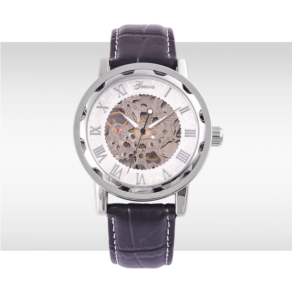 GENOA Automatic Skeleton White Dial Water Resistant Watch in Silver Tone with Stainless Steel Back and Black Strap