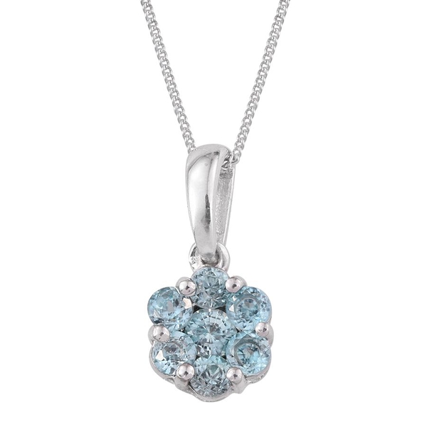 AA Natural Cambodian Blue Zircon (Rnd) 7 Stone Floral Pendant With Chain in Platinum Overlay Sterlin