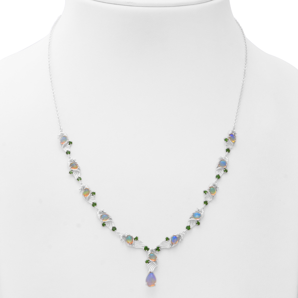 Ethiopian Welo Opal and Chrome Diopside Necklace (Size 20) in Rhodium Overlay Sterling Silver 4.44 Ct, Silver wt 12.00 Gms