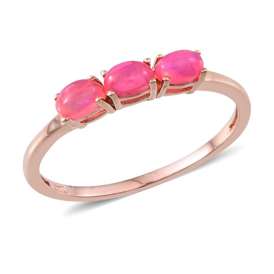 Set of 5 - Ethiopian Welo Opal (Ovl), Green, Orange, Pink and Red Ethiopian Opal Trilogy Ring in 14K Gold, Rose Gold and Platinum Overlay Sterling Silver 2.250 Ct.