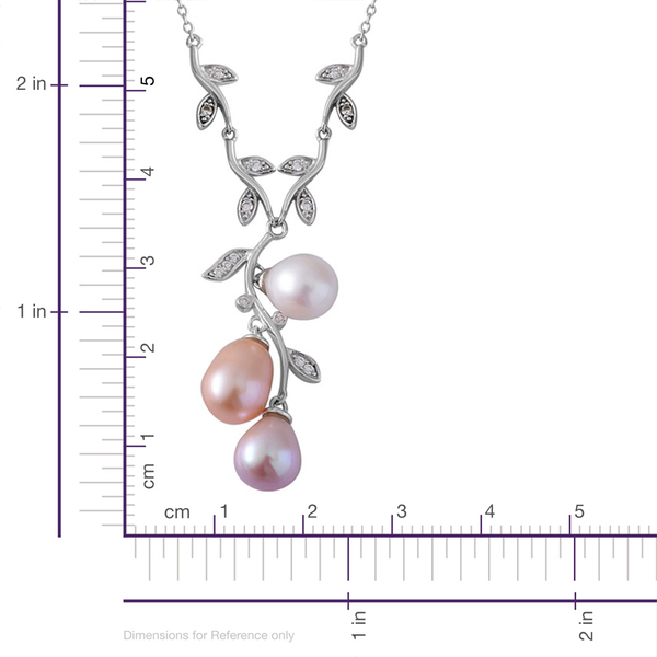 Fresh Water White, Peach and Purple Pearl, Simulated Diamond Necklace (Size 18) in Rhodium Plated Sterling Silver 14.100 Ct.