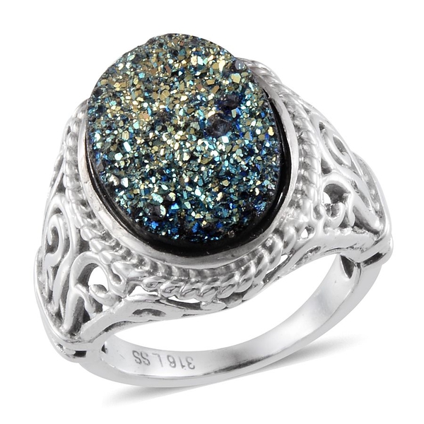 Rainbow Dyed Drusy (Ovl) Solitaire Ring in ION Plated Stainless Steel 8.500 Ct.