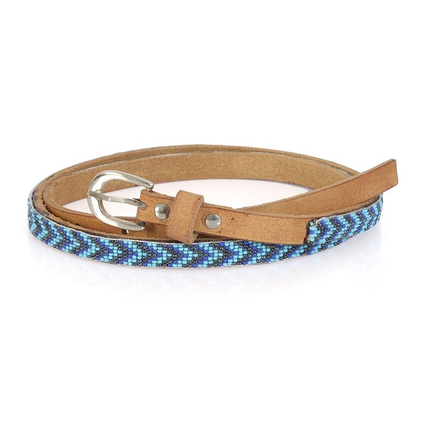 Genuine Leather Handmade Navy Blue, Turquoise and Black Colour Seed Beaded Belt (Size 110x1.25 Cm)