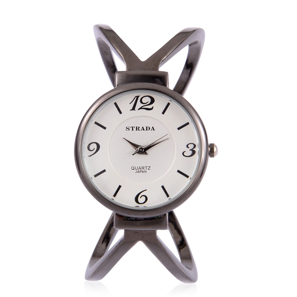 STRADA Japanese Movement White Dial Bangle Watch in Black Tone with Stainless Steel Back