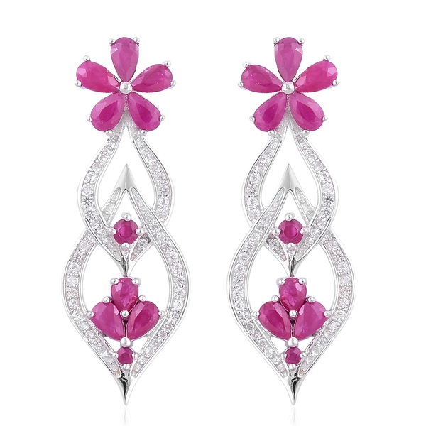 Ruby (Pear), Natural White Cambodian Zircon Flower Earrings (with Push Back) in Rhodium Plated Sterl