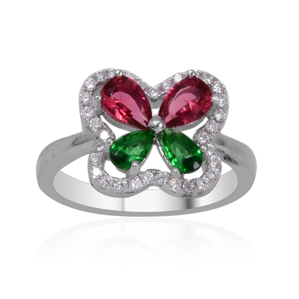 AAA Simulated Ruby (Pear), Simulated Emerald and Simulated White Diamond Ring in Sterling Silver, Si