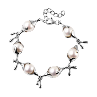 LUCYQ Molten Pearl Collection - White Edison Pearl Bracelet (Size - 8 With Extender) in Rhodium Over