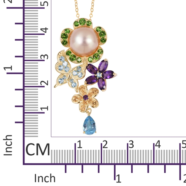 South Sea Golden Pearl (Rnd 11-11.5),  Blue Topaz, Amethyst and Multi Gemstone Floral Pendant with Chain in Yellow Gold Overlay Sterling Silver