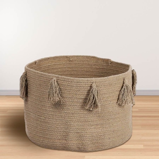 100% Cotton Braided Multipurpose Beige Basket With Tassels 45x45x30cm