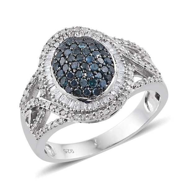 1 Carat Blue Diamond and White Diamond Cluster Ring in Platinum Plated Silver 6.22 Grams