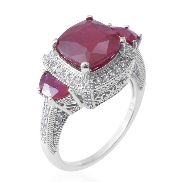 African Ruby (Cush 7.00 Ct), Natural White Cambodian Zircon Ring in Rhodium Overlay Sterling Silver 7.850 Ct, Silver wt 5.70 Gms.