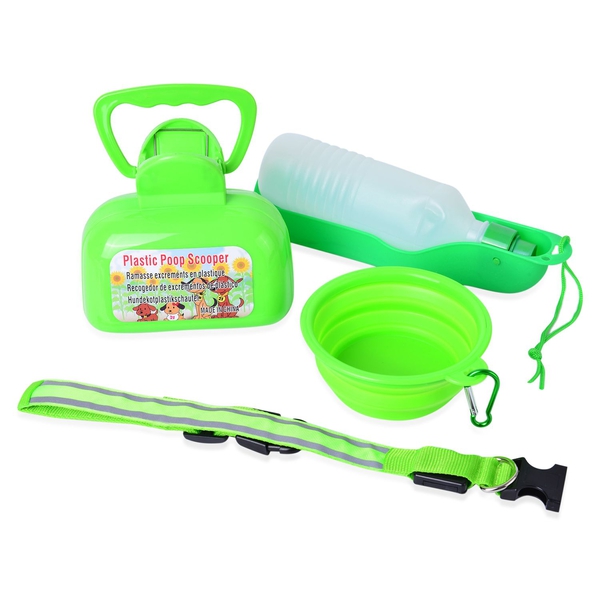 Pet Accessories - Green Colour Poop Scooper, Squeeze Water Bottle, Silica Bowl and Dog Neck LED Stra