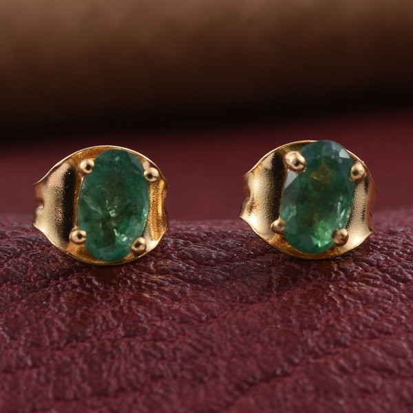 Kagem Zambian Emerald (Ovl) Stud Earrings (with Push Back) in 14K Gold Overlay Sterling Silver 0.500 Ct.