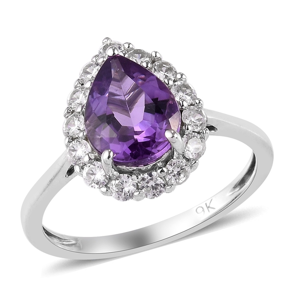 9K White Gold AAAA Bolivian Amethyst and Natural Cambodian Zircon Ring 1.50 Ct.