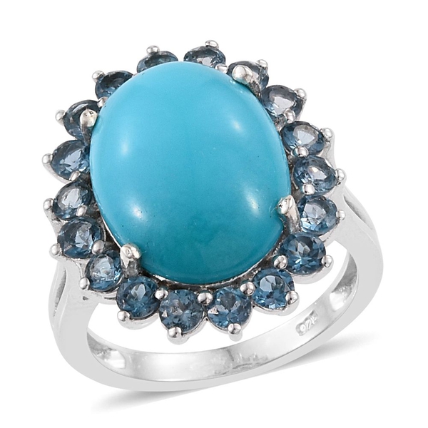 7.25 Ct Sleeping Beauty Turquoise and Topaz Halo Ring in Platinum Plated Silver