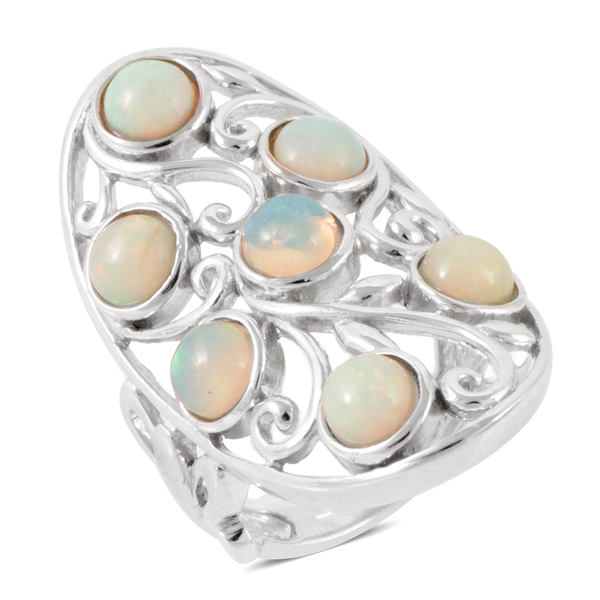 Ethiopian Welo Opal (Rnd) 7 Stone Ring in Rhodium Plated Sterling Silver 2.100 Ct.